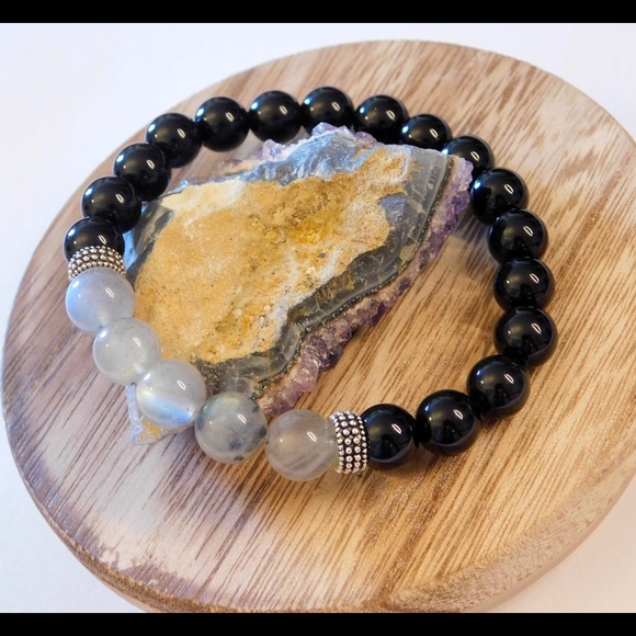 Handmade by Audrey Jewelry - Transformation Labradorite Obsidian Bead Crystal Bracelet Black Silver Flash